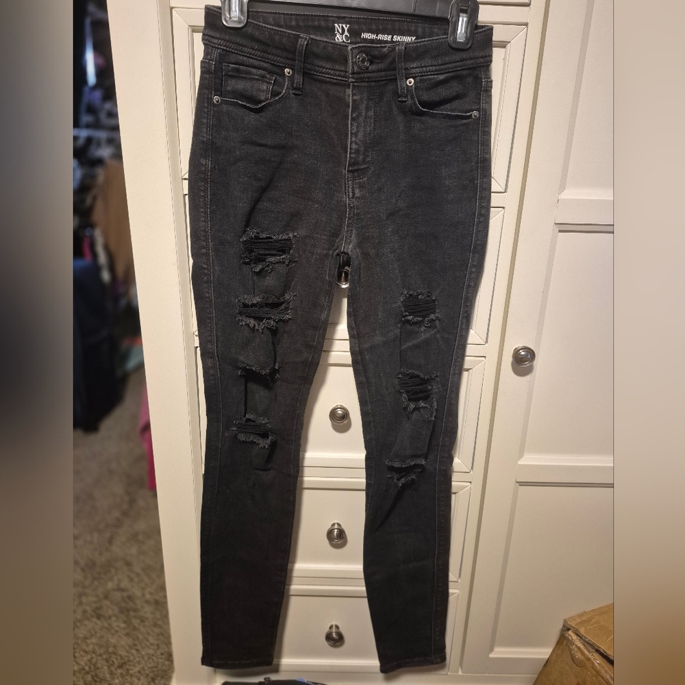New York & Company Black Distressed Hi-Rise Skinny Jeans